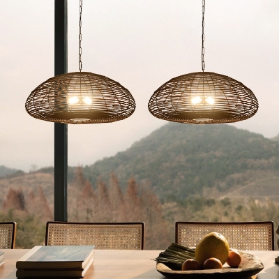 Dunkelbraune Rattan-Pendelleuchte, Bauernhaus-Küchenlampenschirm