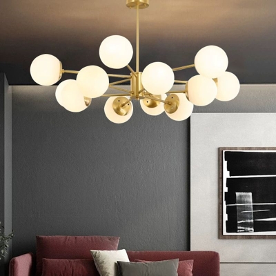 Goldene molekulare Kronleuchterlampe mit 12 Lichtern und weißem Glaskugelschirm