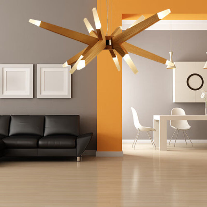 Zeitgenössische Pendelleuchte aus Holz mit Sputnik-Kronleuchter
