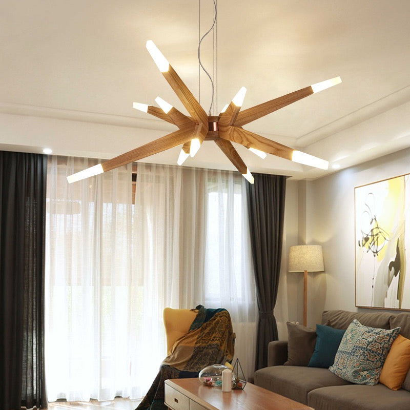 Zeitgenössische Pendelleuchte aus Holz mit Sputnik-Kronleuchter