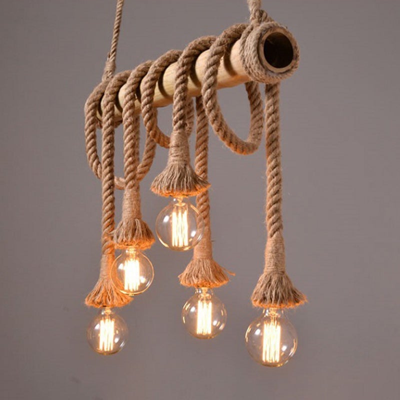 Industrielle Vintage-Insel-Pendelleuchte mit Seil-Holzdekoration