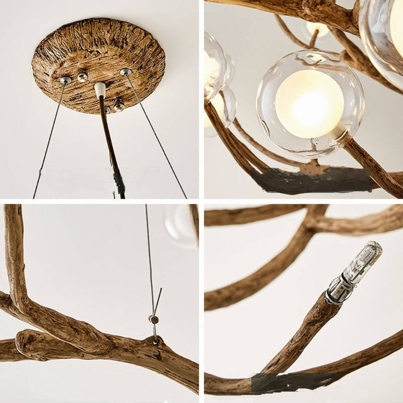 Nordic Rustic Tree Branch Hängeleuchter mit Blasenglasbeleuchtung