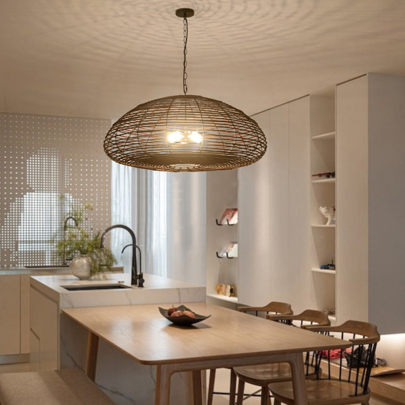 Dunkelbraune Rattan-Pendelleuchte, Bauernhaus-Küchenlampenschirm