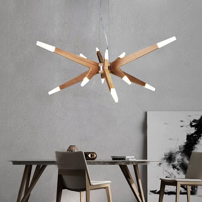 Zeitgenössische Pendelleuchte aus Holz mit Sputnik-Kronleuchter