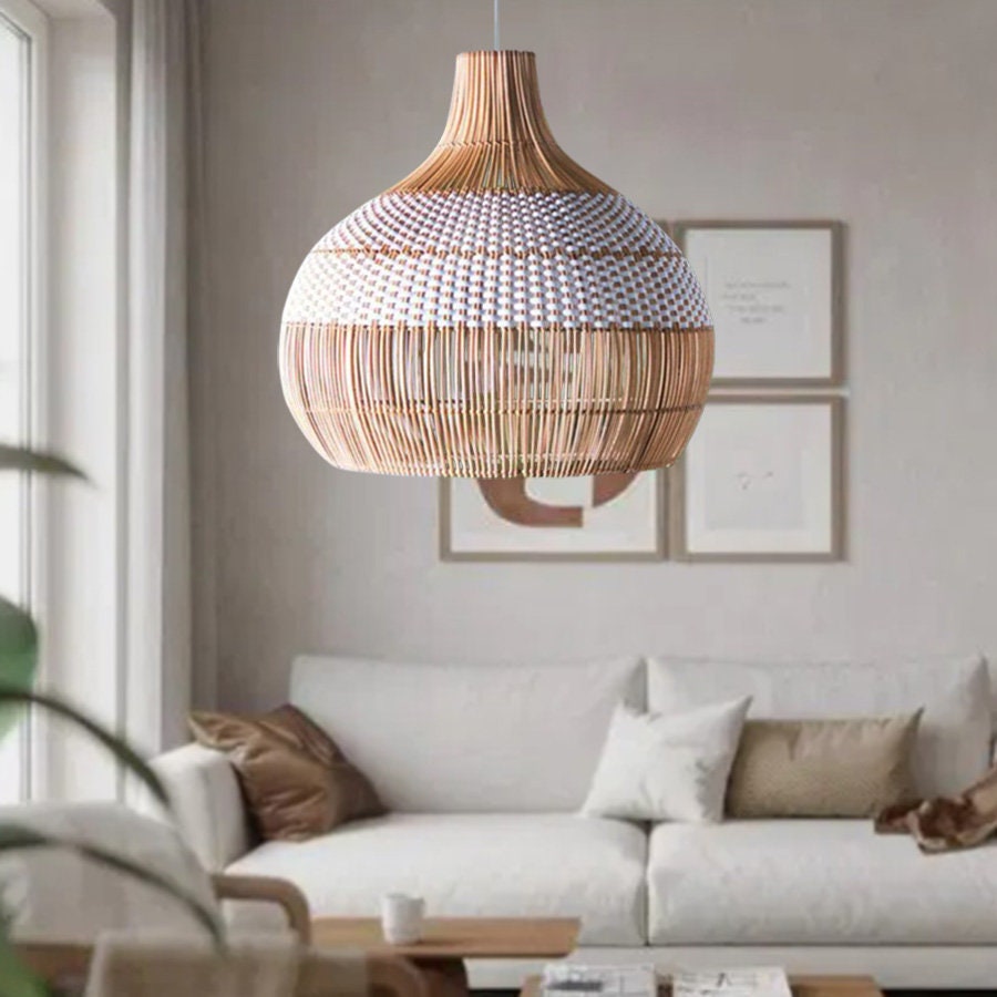 Weiße Rattan-Pendelleuchte, gewebter Rattan-Lampenschirm, 50 cm