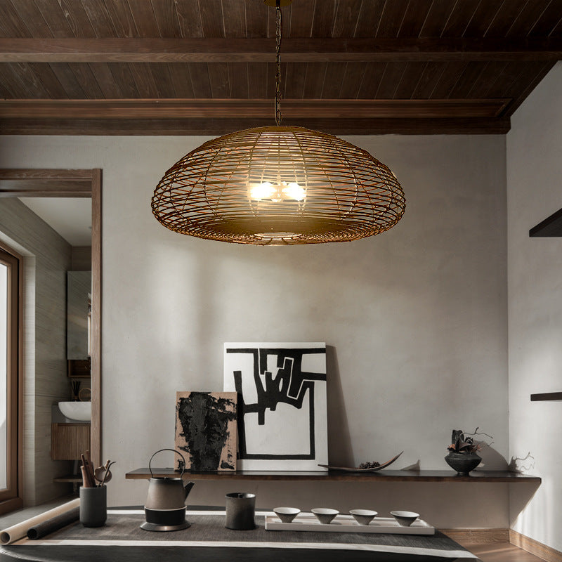 Dunkelbraune Rattan-Pendelleuchte, Bauernhaus-Küchenlampenschirm