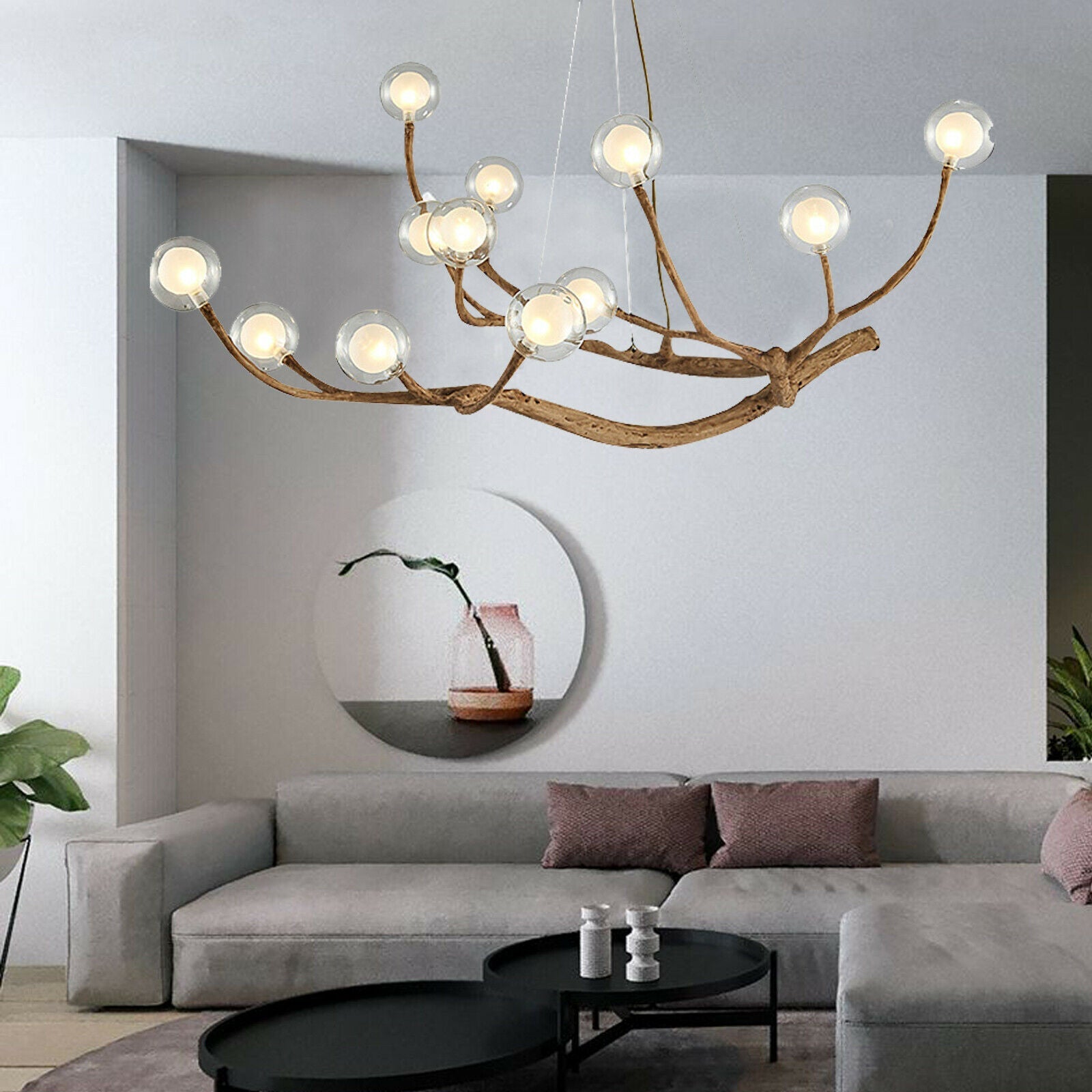 Nordic Rustic Tree Branch Hängeleuchter mit Blasenglasbeleuchtung