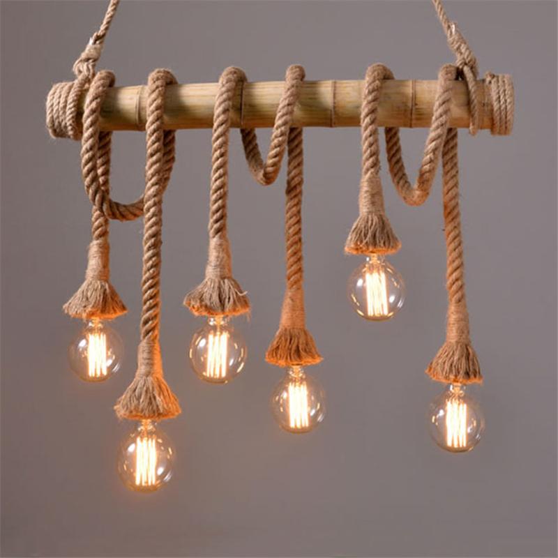 Industrielle Vintage-Insel-Pendelleuchte mit Seil-Holzdekoration