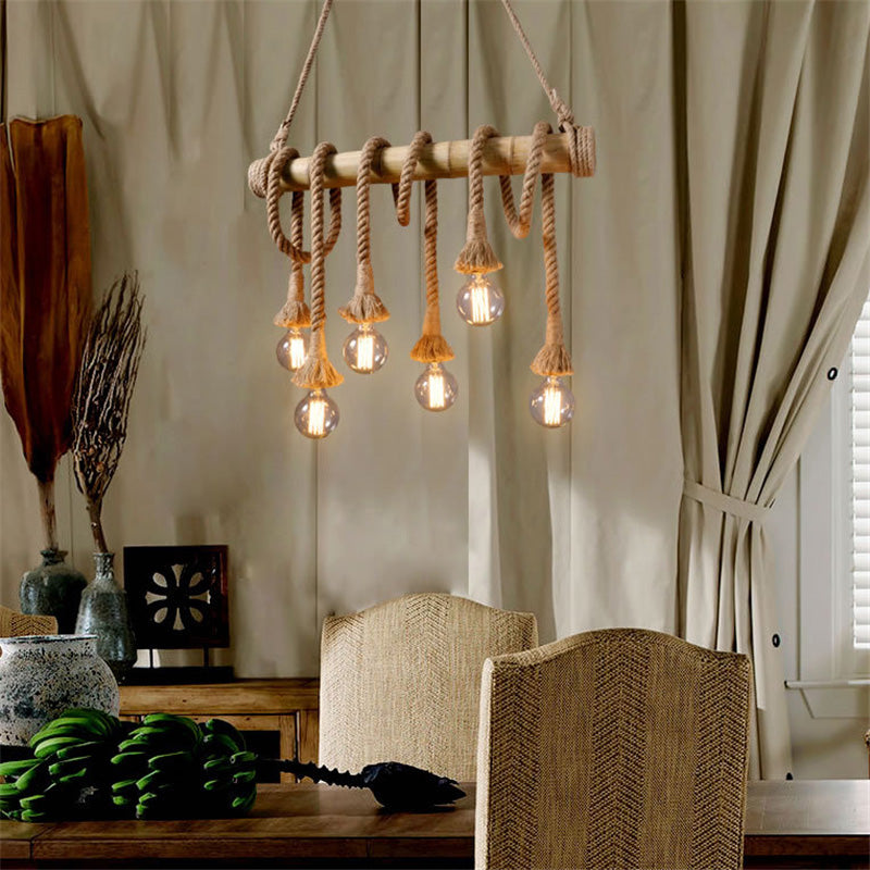 Industrielle Vintage-Insel-Pendelleuchte mit Seil-Holzdekoration