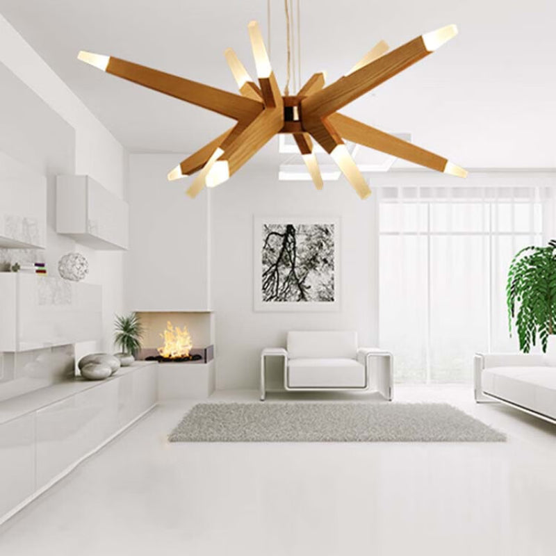 Zeitgenössische Pendelleuchte aus Holz mit Sputnik-Kronleuchter