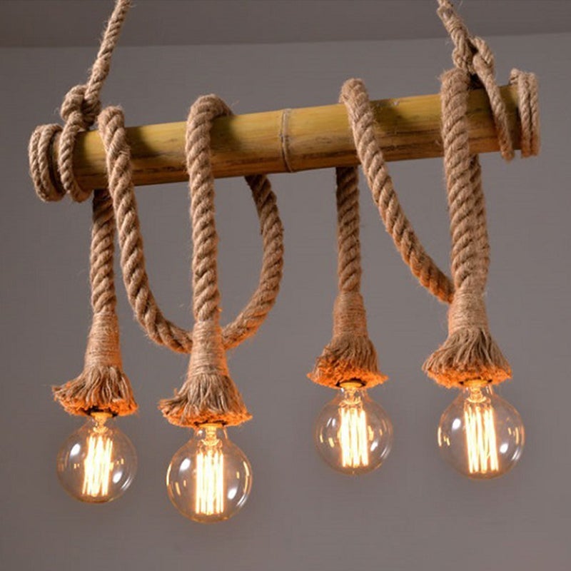 Industrielle Vintage-Insel-Pendelleuchte mit Seil-Holzdekoration