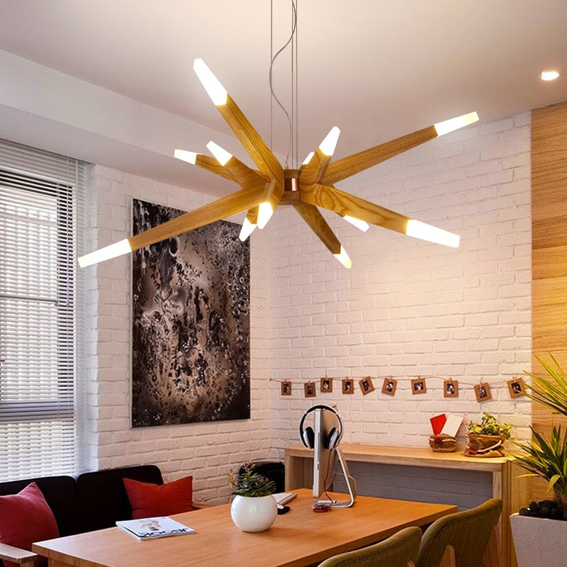 Zeitgenössische Pendelleuchte aus Holz mit Sputnik-Kronleuchter