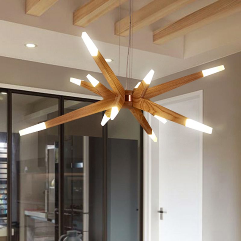 Zeitgenössische Pendelleuchte aus Holz mit Sputnik-Kronleuchter