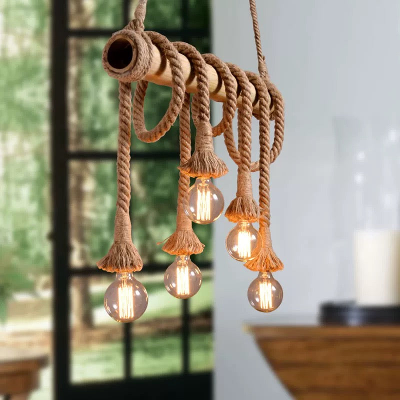 Industrielle Vintage-Insel-Pendelleuchte mit Seil-Holzdekoration