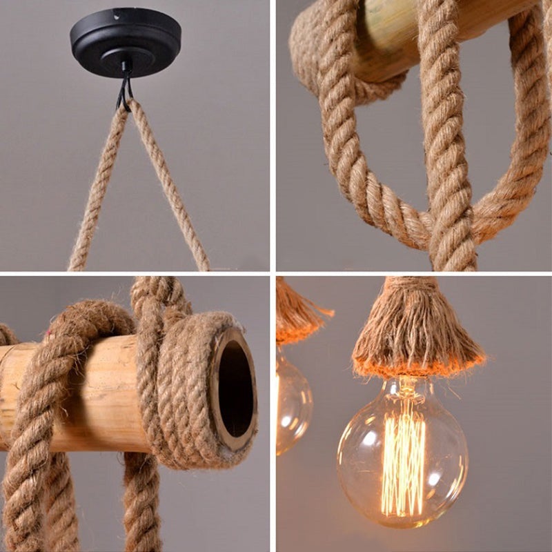Industrielle Vintage-Insel-Pendelleuchte mit Seil-Holzdekoration
