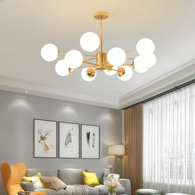 Goldene molekulare Kronleuchterlampe mit 12 Lichtern und weißem Glaskugelschirm