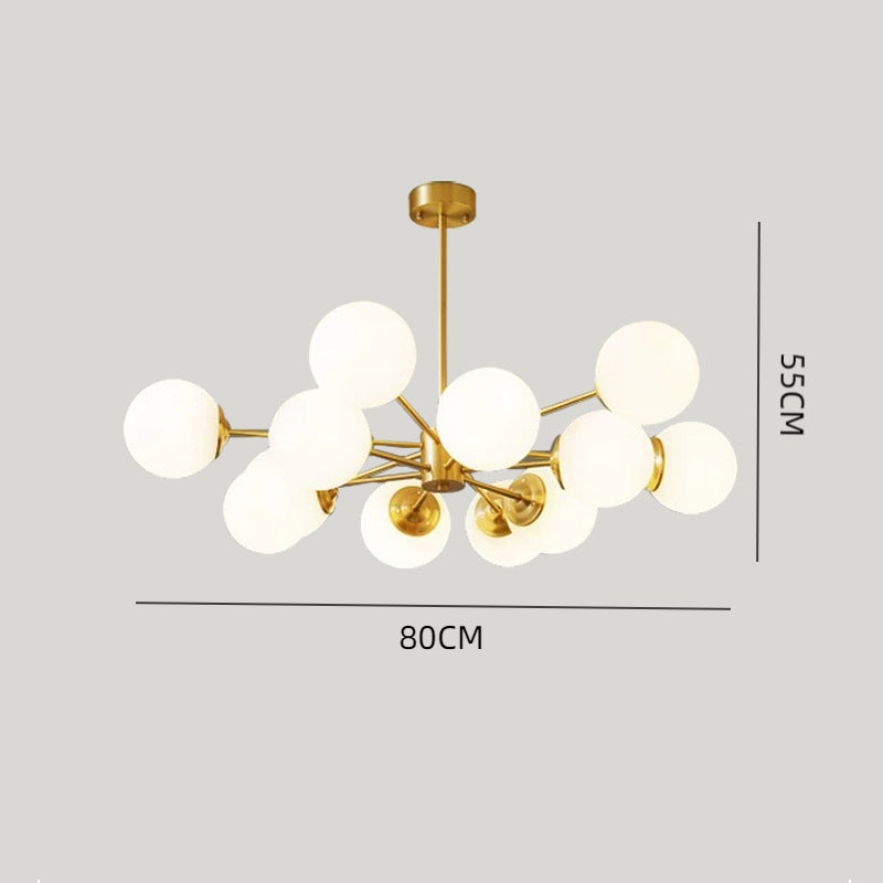 Goldene molekulare Kronleuchterlampe mit 12 Lichtern und weißem Glaskugelschirm