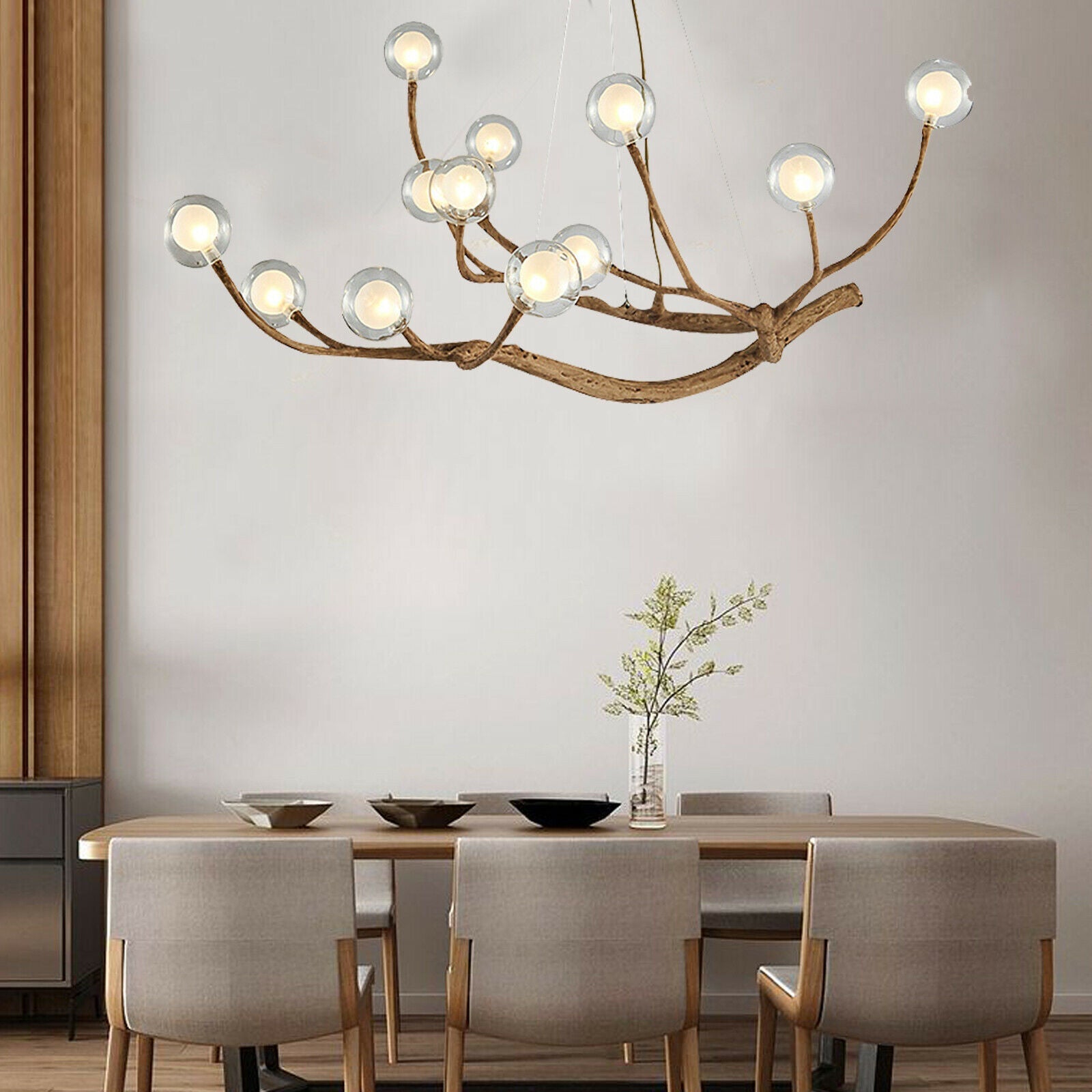 Nordic Rustic Tree Branch Hängeleuchter mit Blasenglasbeleuchtung