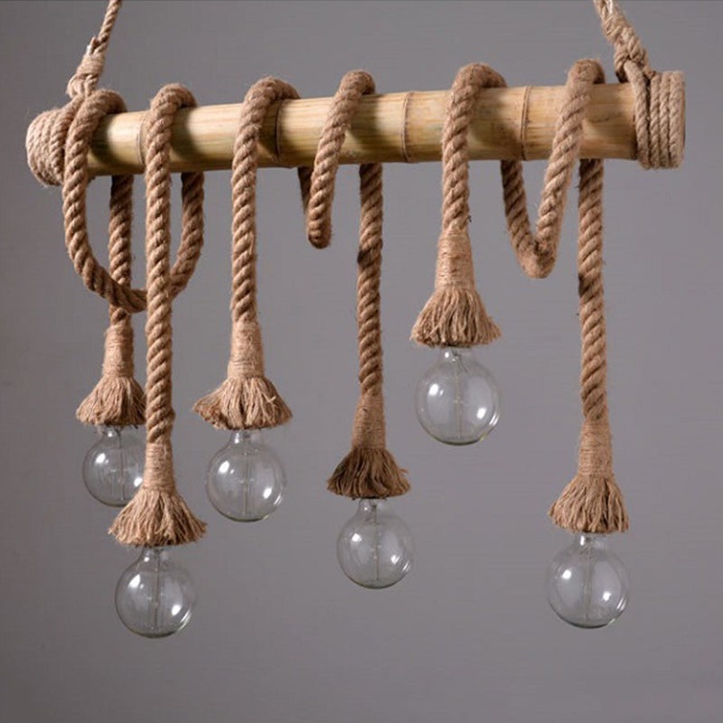 Industrielle Vintage-Insel-Pendelleuchte mit Seil-Holzdekoration