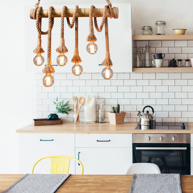 Industrielle Vintage-Insel-Pendelleuchte mit Seil-Holzdekoration