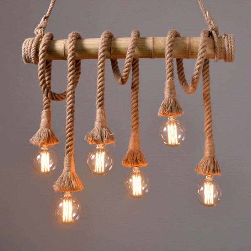Industrial vintage pendant light with rope and wood decoration